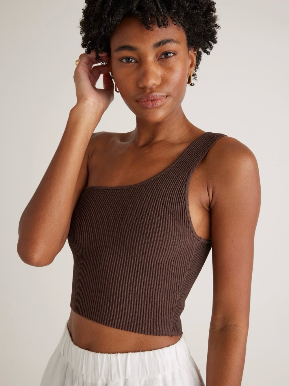 Quince Top Cropped One Shoulder Ribbed Knit Tank Dark Brown Asymmetrical Sz L